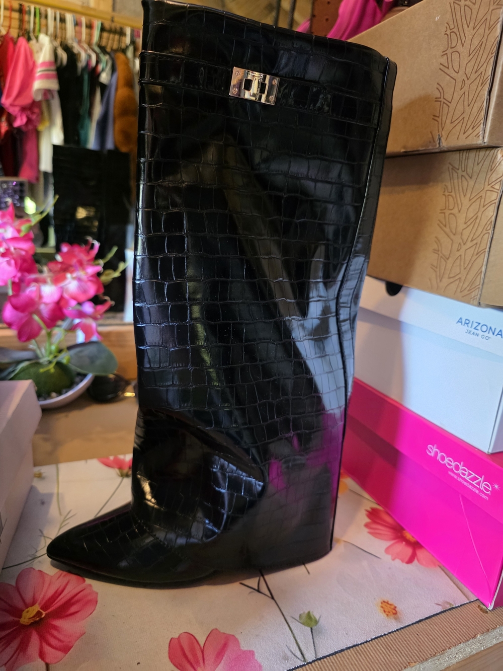 Fashion Nova Black Croc-Embossed Wedge Knee Boot
